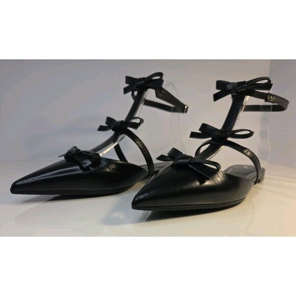 Garavani Valentino EU 37.5 Black Leather Flat Sandals French Bows & Ankle Strap - Picture 8 of 16